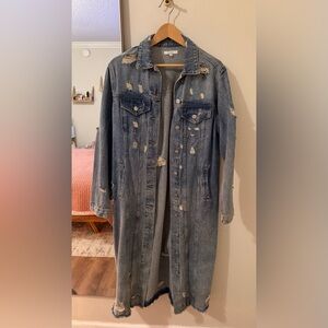 SHEIN Blue Distressed Long Jean Jacket